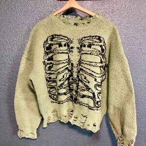 Grunge Goth Style Distressed Green Sweater with Ribcage Print from ROMWE